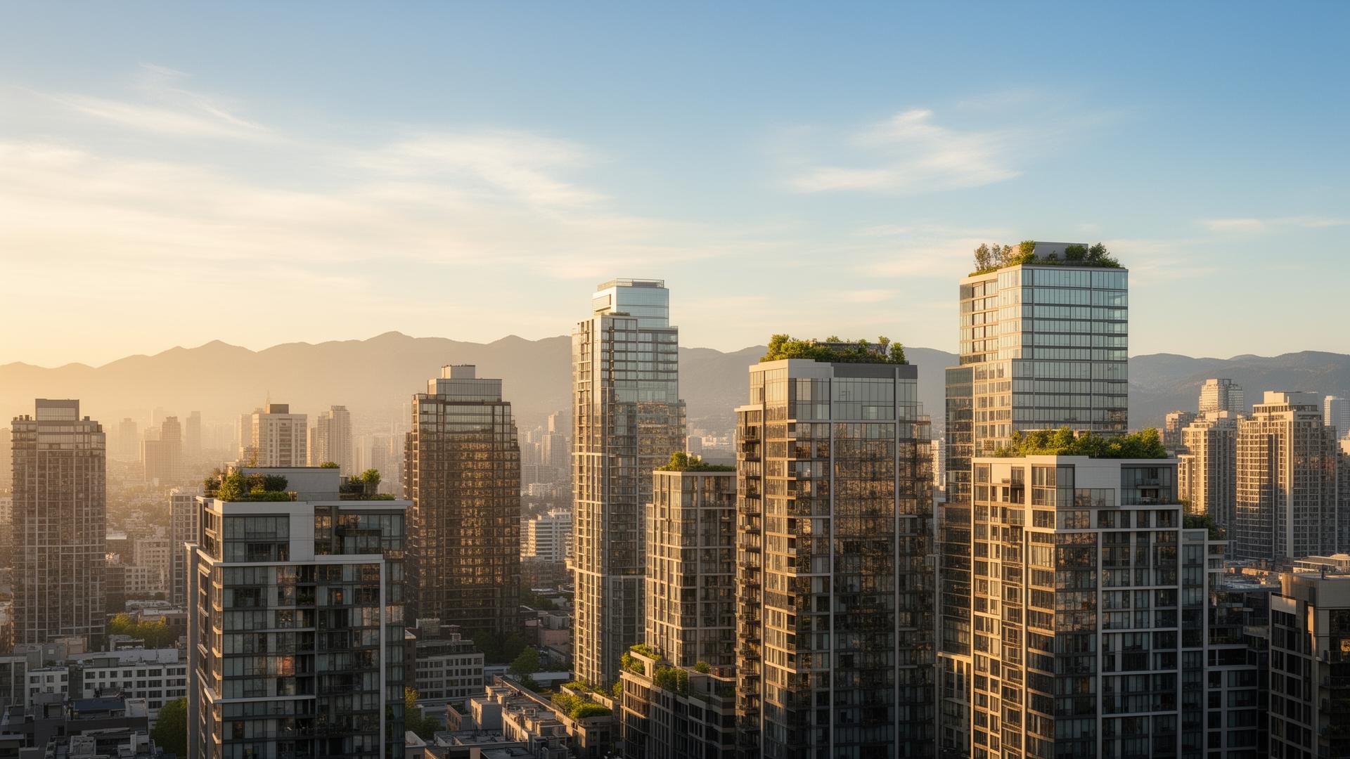 Daytime futuristic city skyline with vertical farms and green rooftops